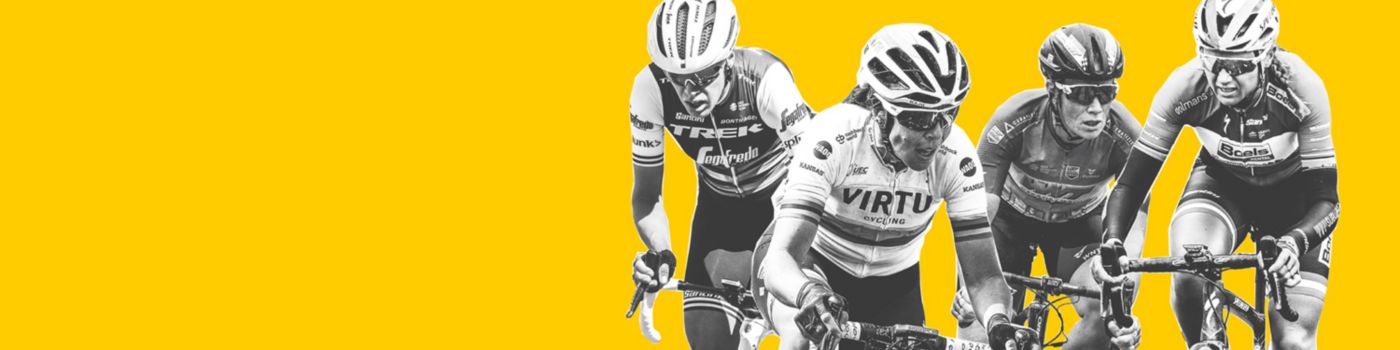 Equal male and female professional cyclists on yellow background