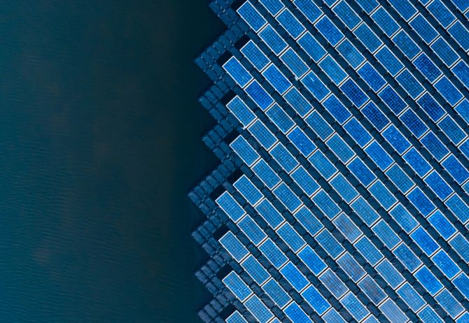 Aerial view of floating solar power plant