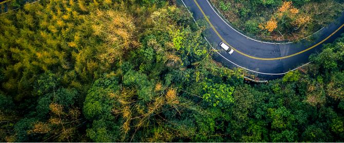 Arial view of highway curve road in forest