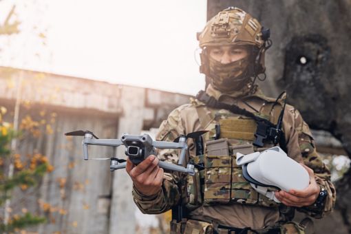Army personnel using drone