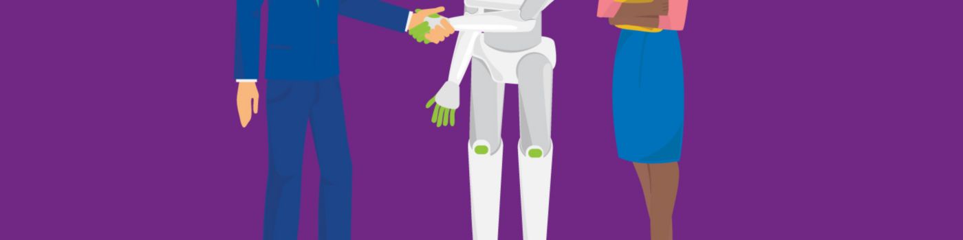 Businessman wearing formals shaking hand with white robot and a woman holding files, Illustration