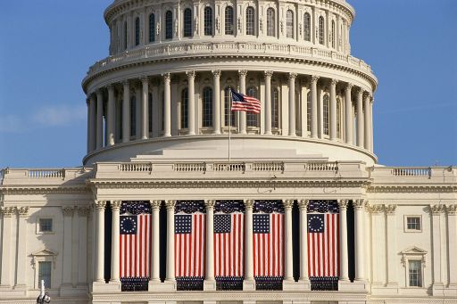 Capital building draped with U.S flags, Washington