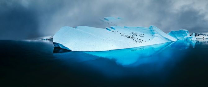 Climate change iceberg with penguins in ocean