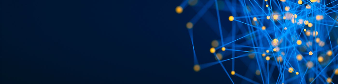 Digital golden connected dots via blue threads against blue background