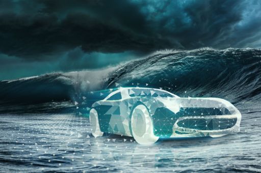 Digital pixal car running on waves in cloudy weather