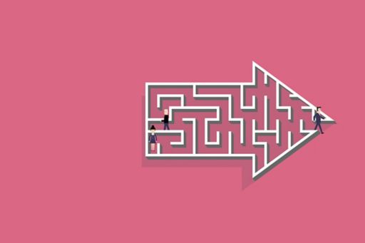 Illustration of people walking through a maze shaped like an arrow