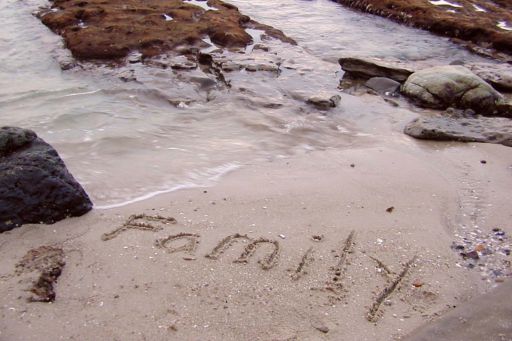 The word family written in sand on a coast