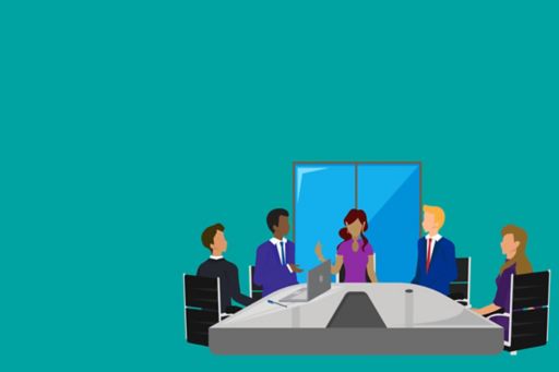 Five people meeting illustration against turquoise background