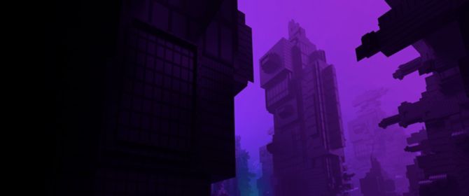 Futuristic-looking financial district underneath a purple sky