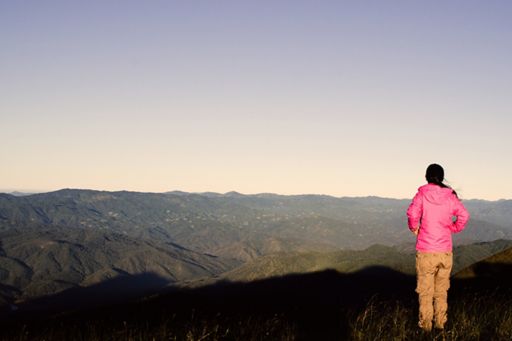 Girl in pink jacket looking at the mountains