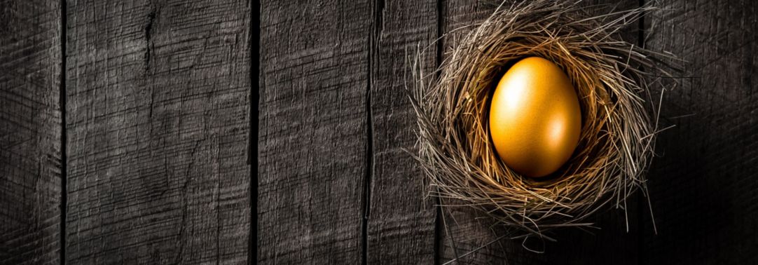 Golden egg in nest on black wooden top