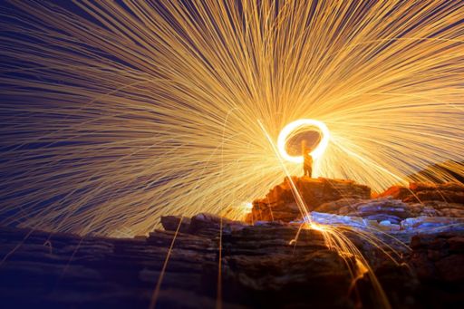 Illuminated spinning steel wool