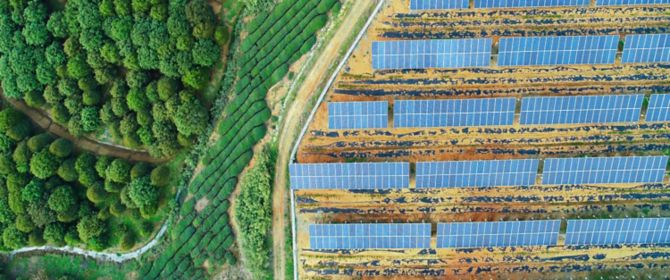 Solar farm, solar panels aerial view