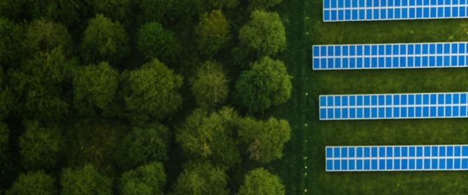 Green trees and solar panels