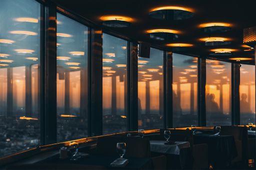 Inner dark chrome and glass modern contemporary restaurant interior located in Russia, with empty ready tables, reflections and cityscape outside on dramatic evening sunset
