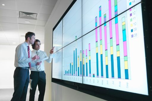 business men with graphs on screen