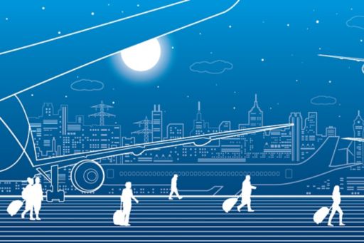 Illustration of planes and people on runway