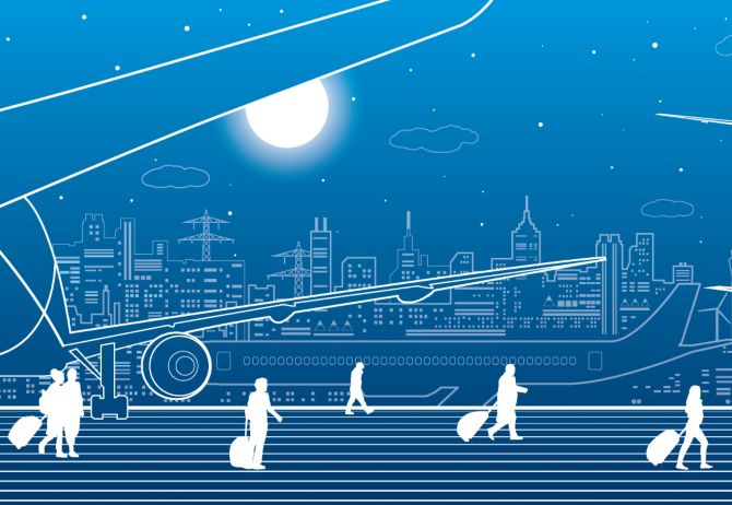 Illustration of planes and people on runway
