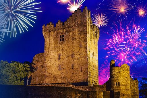 Fireworks over Ross Castle in Ireland