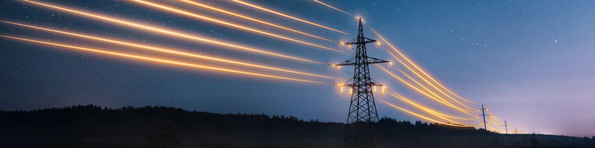Neon lines of electricity shooting out of pylon at night