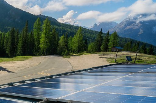 Solar panels with forest and mountain in the background