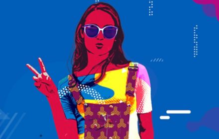 Illustration of woman wearing sunglasses on blue background