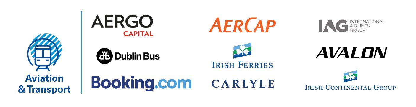 client logos: aergo capital, aercap, iag, dublin bus, irish ferries, avalon, booking.com carlyle, irish continental group