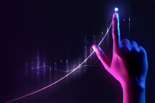 Hand pointing to neon graph on purple background
