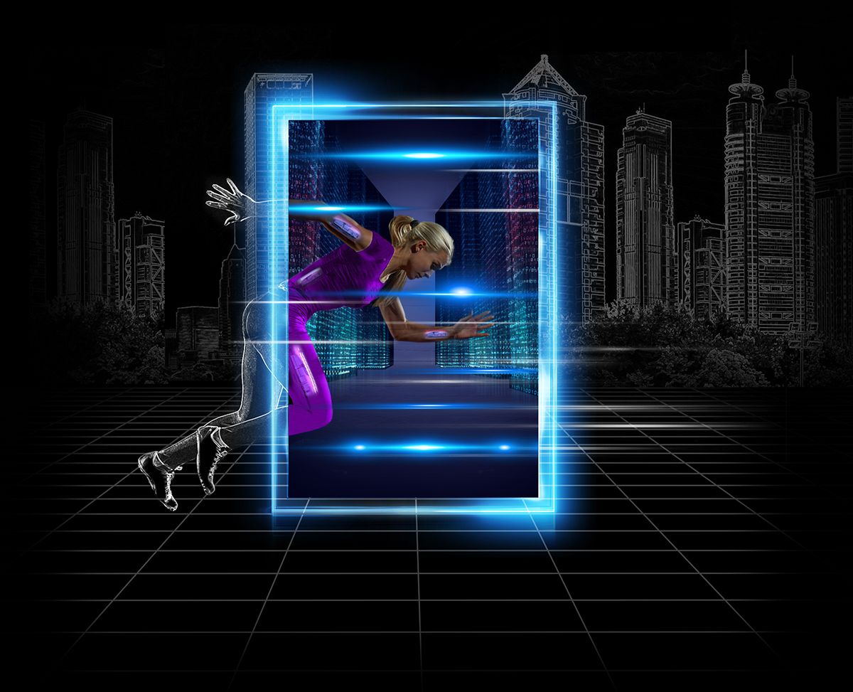 runner seen through neon window with cityscape in background