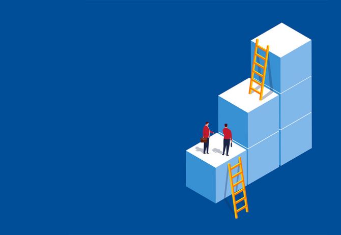 Illustration of executives climbing blocks using ladders