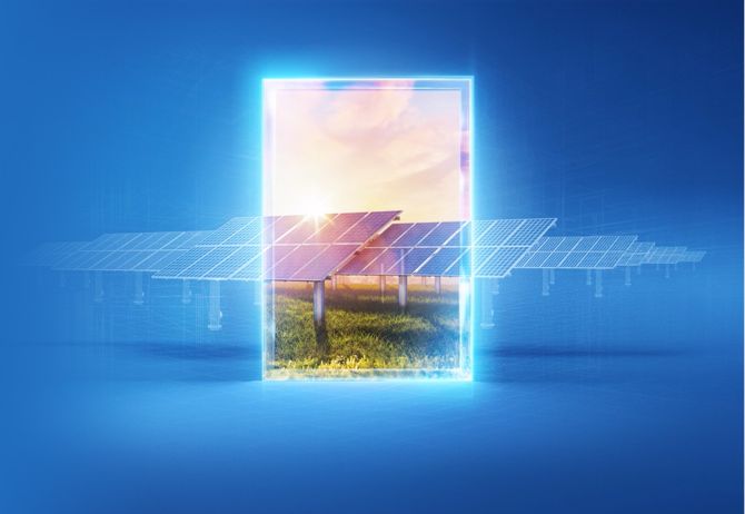 Solar panels seen through neon framed window