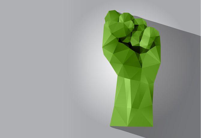 Green hand raised in rebellion