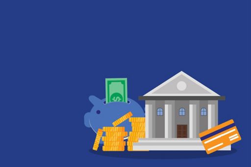 Illustration of bank building with debit/credit card, piggy bank, gold coin and dollar notes