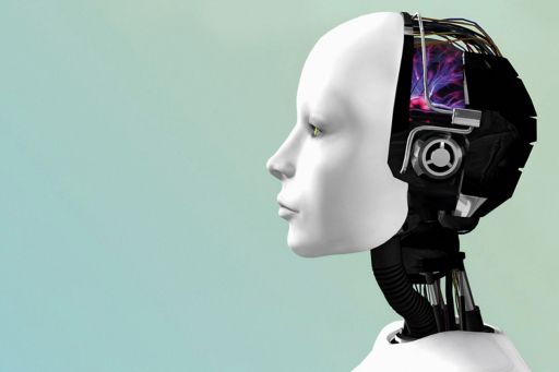 An image of a robot woman head in profile.