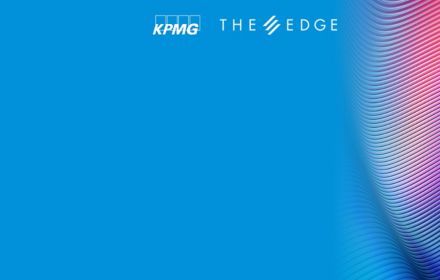 KPMG and The Edge logo text overlay against blue pink texture image