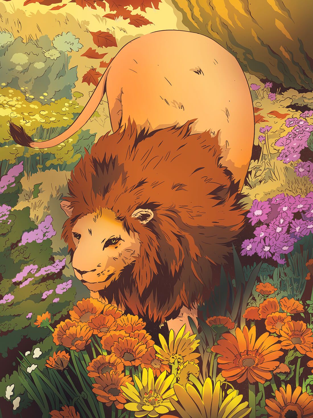 Lion au milieu des fleurs