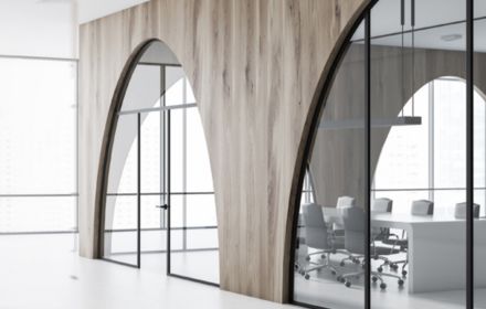 Long glass office corridor