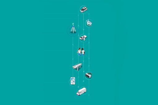Mega trends illustration of vertically aligned car, highway, ambulance, people discussing against turquoise background