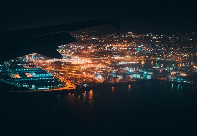Night view of seashore city lights