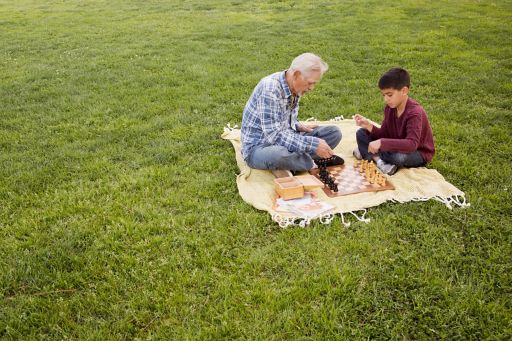 Two people sitting on grass