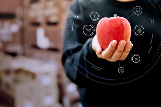 Person holding an apple with a digital interface