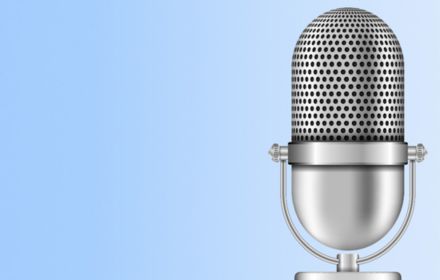 Podcast mic with light blue background banner