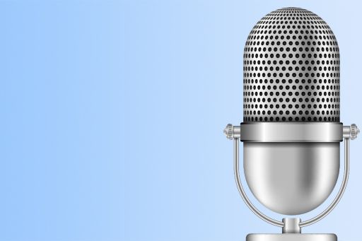 Podcast mic with light blue background 
