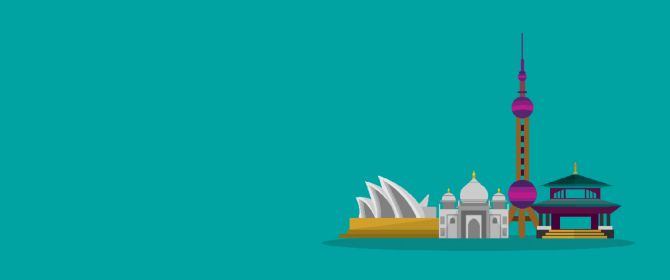 4 Asian monuments against cyan background - Illustration