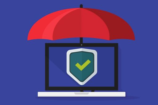 Illustration of a secure laptop underneath a red umbrella