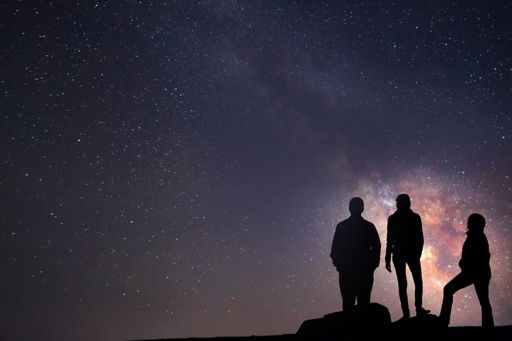 Silhouettes of three people staring at the night sky