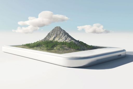 smartphone showing 3d mountains landscape respresenting digitalization