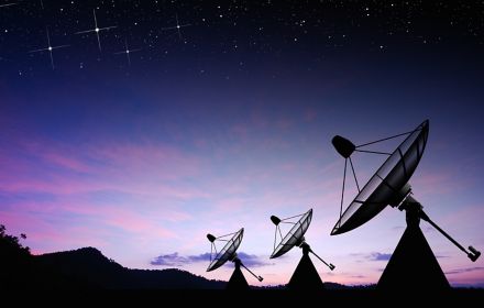 Space satellite antenas receiving signal at night