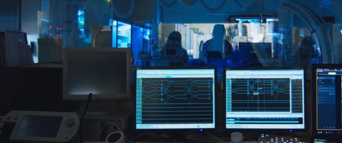 Three computer screens showing heart rate data in dark room