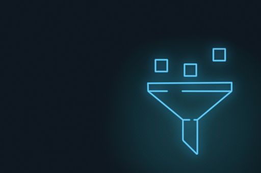 Three blue neon squares floating above a funnel on a black background